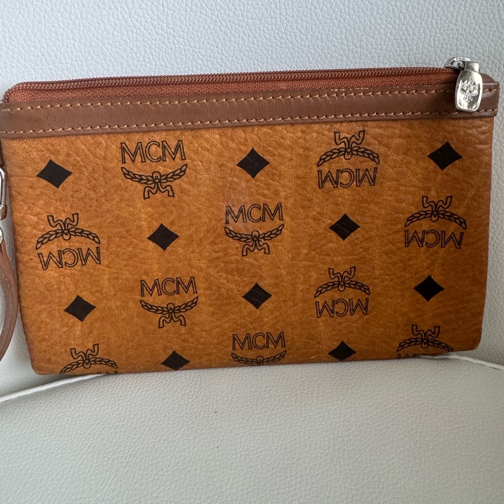 MCM Cognac and Black Logo Zip Wristlet